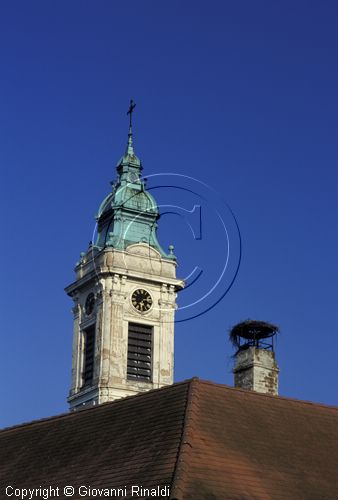 AUSTRIA - BURGENLAND - Rust am Neusiedlersee - particolare dei tetti con i nidi di cicogna e il campanile della Evang. Kirche