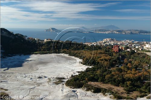 ITALY - POZZUOLI (NA) - La Solfatara - il vulcano Solfatara dal cratere ellittico (770 per 580 metri) risale a 4000 anni fa ed è l'unico dei Campi Flegrei ancora attivo con impressionanti manifestazioni fumaroliche - dalla parte opposta del Golfo si vede Baia con Capo Miseno e dietro l'isola di Procida e di Ischia