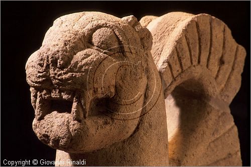 ITALY - ISCHIA DI CASTRO (VT) - Museo Comunale Pietro e Turiddo Lotti - scultura in nenfro rosato a tutto tondo risalenti al VI secolo a.C. dalla necropoli di Castro raffigurante animali fantastici legati alla mitologia - leone alato