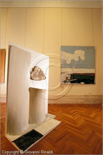 ITALY - ROMA - Galleria d'Arte Moderna - Simboli e reportages degli anni '60 a Roma - "Ruderi sul prato" (1964) di Pino Pascali, sul fondo "Paesaggio" di Mario Schifano