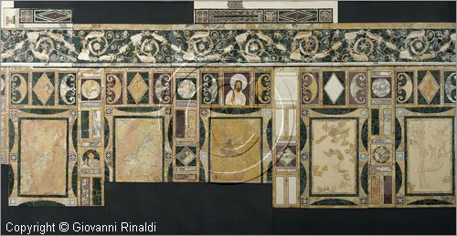 ITALY - LAZIO - ROMA - ROME - Museo dell'Alto Medioevo (ex Palazzo delle Scienze dell'EUR) - Opus Sectile di Porta Marina di Ostia Antica, a straordinaria decorazione a intarsio di marmi colorati che ornava la sala di rappresentanza di una domus monumentale - porzione inferiore della parete di destra con i due ritretti virili