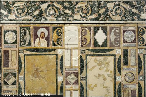 ITALY - LAZIO - ROMA - ROME - Museo dell'Alto Medioevo (ex Palazzo delle Scienze dell'EUR) - Opus Sectile di Porta Marina di Ostia Antica - la straordinaria decorazione a intarsio di marmi colorati che ornava la sala di rappresentanza di una domus monumentale - veduta generale del pavimento e della parete di destra