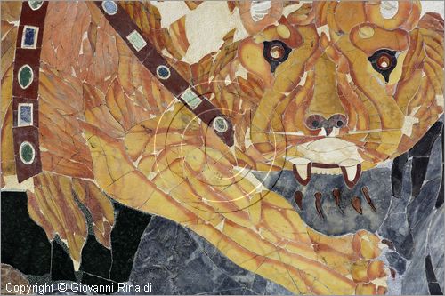 ITALY - LAZIO - ROMA - ROME - Museo dell'Alto Medioevo (ex Palazzo delle Scienze dell'EUR) - Opus Sectile di Porta Marina di Ostia Antica - la straordinaria decorazione a intarsio di marmi colorati che ornava la sala di rappresentanza di una domus monumentale - pannello con un leone che azzanna un cerbiatto