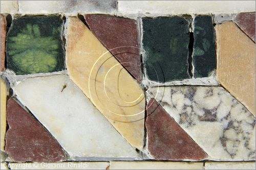 ITALY - LAZIO - ROMA - ROME - Museo dell'Alto Medioevo (ex Palazzo delle Scienze dell'EUR) - Opus Sectile di Porta Marina di Ostia Antica - la straordinaria decorazione a intarsio di marmi colorati che ornava la sala di rappresentanza di una domus monumentale - particolare della parete di fondo della sala a motivi geometrici