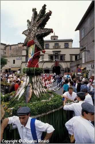 ITALY - MARTA (VT)
Festa della Madonna del Monte (14 maggio)
la festa celebra la fertilit della terra. Le antiche corporazioni
(Casenghi, Bifolchi, Villani e Pescatori) sfilano con i carri allegorici (le "Fontane") per le vie del paese e raggiungono il santuario della Madonna del Monte