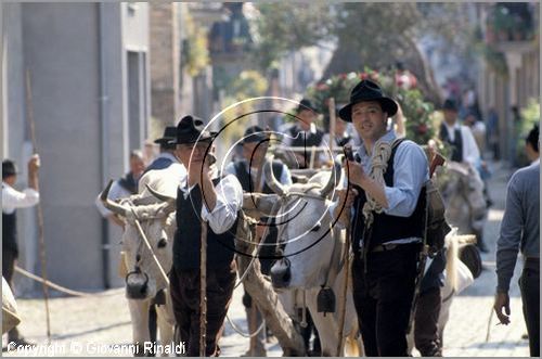 ITALY - MARTA (VT)
Festa della Madonna del Monte (14 maggio)
la festa celebra la fertilit della terra. Le antiche corporazioni
(Casenghi, Bifolchi, Villani e Pescatori) sfilano con i carri allegorici (le "Fontane") per le vie del paese e raggiungono il santuario della Madonna del Monte