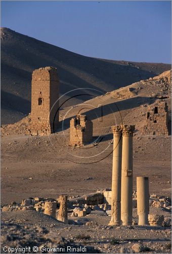 SIRIA - PALMIRA
antica città romana nel deserto
veduta delle rovine, in fondo la collina Umm al-Qais con le torri funerarie di Yemliko