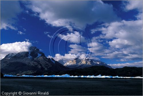 CILE - CHILE - PATAGONIA - Parco Nazionale Torres del Paine - Lago Grey con i ghiacci galleggianti che si staccano dal ghiacciao Grey e finiscono sulla spiaggia opposta - in fondo il gruppo del Paine